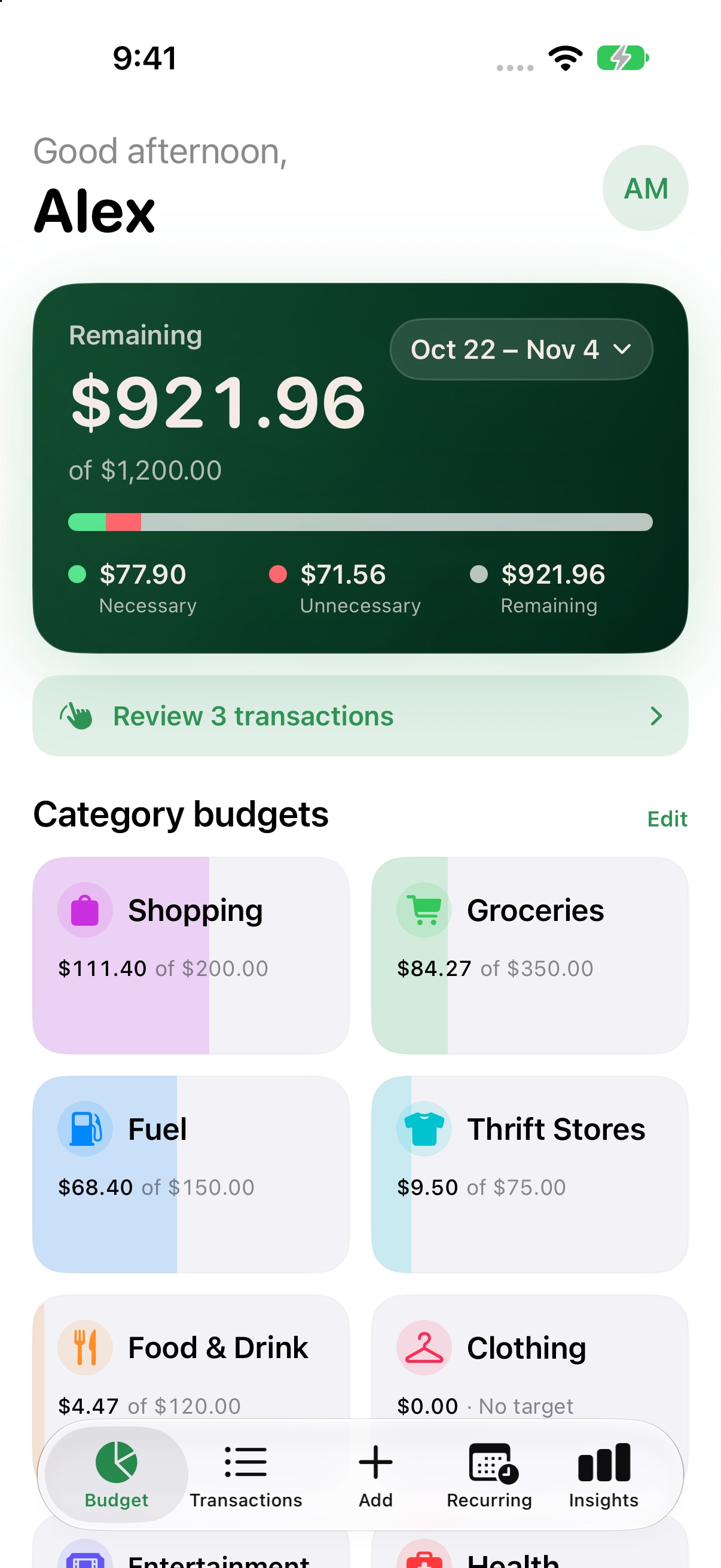 Necessary app showing a household spending overview