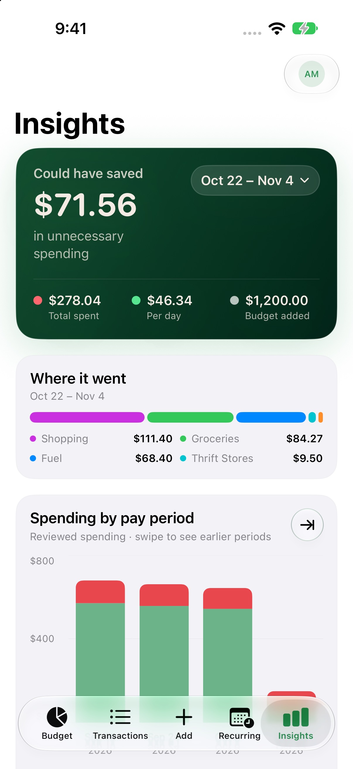 Necessary Insights screen with spending charts and category breakdowns