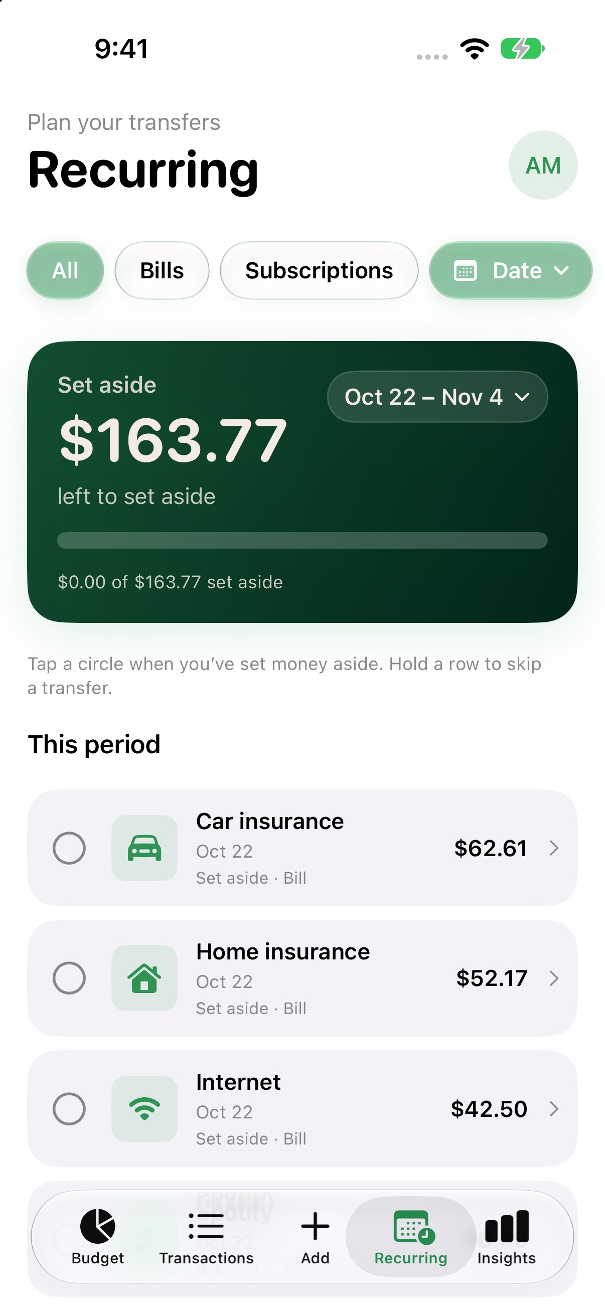 Necessary Recurring screen showing planned transfers for bills and subscriptions
